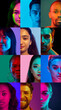 © master1305 - Collage. Portrait of different young people, men and women of various age and nationality posing against multicolored background in neon light. Concept of human emotions, facial expression