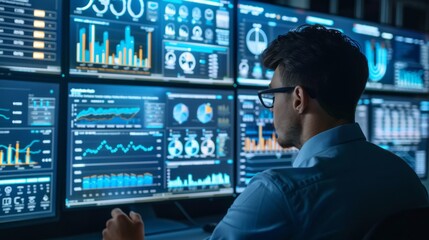 Aufkleber - A man is looking at a computer screen with multiple graphs and charts