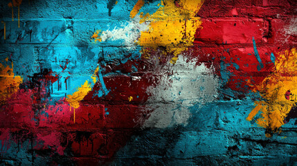 Aufkleber - A colorful wall with graffiti on it. The colors are blue, red, and yellow. The wall is made of bricks