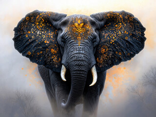 A large elephant with gold and black paint on its face. The elephant is standing in a forest with a foggy sky in the background