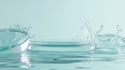 Poster - water splashes from glass dishes on a smooth surface reflecting light in a calm environment
