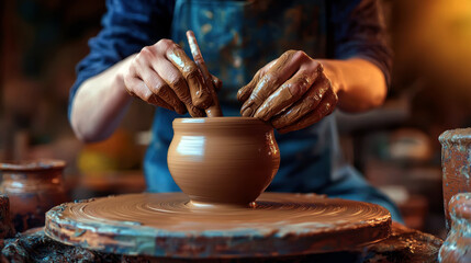 A man is making a pottery piece in a studio. He is using a potter's wheel to shape the clay. The atmosphere of the image is calm and focused, as the man carefully molds the clay into the desired form