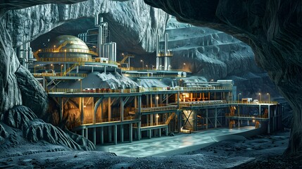 Poster - A strategic reserve of oil stored in massive underground caverns, with layers of security systems and energy infrastructure above ground, symbolizing the protection of a nation’s energy resources
