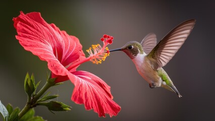 Wall Mural - A hummingbird hovering over a red flower with its beak open, AI