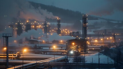 Poster - A natural gas facility with methane leaks visible as glowing, invisible plumes escaping from pipes and storage tanks, highlighting the environmental impact