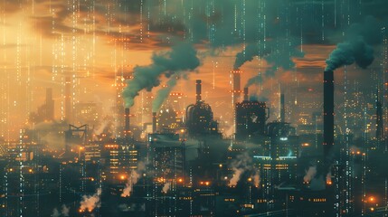 Poster - A cityscape with visible carbon emissions rising from various sources, including vehicles, factories, and power plants, contrasted with a digital overlay showing the carbon footprint in stark numbers