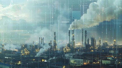 Poster - A cityscape with visible carbon emissions rising from various sources, including vehicles, factories, and power plants, contrasted with a digital overlay showing the carbon footprint in stark numbers