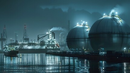 Poster - A futuristic LNG facility by the coast, with enormous spherical tanks and a ship being loaded with liquefied natural gas under the cold, blue glow of industrial lights