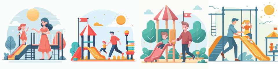 Canvas Print - vector set of little kids playing on slide