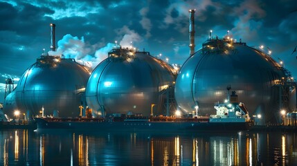 Poster - A futuristic LNG facility by the coast, with enormous spherical tanks and a ship being loaded with liquefied natural gas under the cold, blue glow of industrial lights