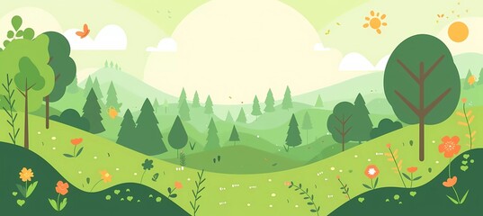 Sticker - green forest landscape, flat vector illustration with simple shapes and lines, cute cartoon style