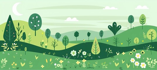 Canvas Print - green forest landscape, flat vector illustration with simple shapes and lines, cute cartoon style