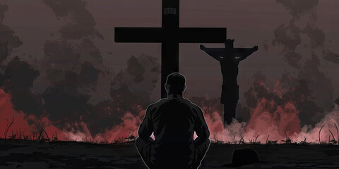 Wall Mural - Christian man praying in front of a Christian cross, Jesus silhouette in background. Digital watercolor painting