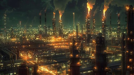 Poster - A sprawling oil refinery complex at night, with massive distillation columns, pipelines snaking through the facility, and flares lighting up the sky