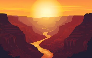 Wall Mural - vector illustration of Grand Canyon with river, sunset, vector art style, flat design, vector, warm color palette