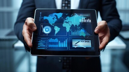 Aufkleber - A man is holding a tablet with a map of the world on it