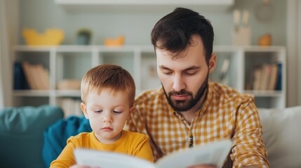 Father and young son sharing a special moment together as they carefully examine and organize their stamp or coin collection at home  The pair display a warm