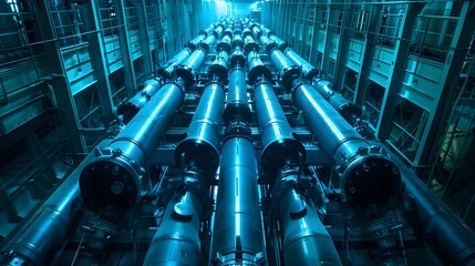 Poster - A storage facility filled with spent nuclear fuel rods, bathed in a blue glow from the radioactive materials, with robotic arms and safety measures ensuring secure handling