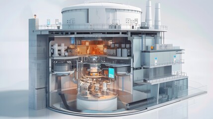 Poster - A detailed cutaway of a boiling water reactor, highlighting the boiling process inside the reactor vessel, with steam rising to drive turbines, and a control room monitoring the process