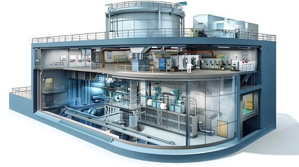 Poster - A detailed cutaway of a boiling water reactor, highlighting the boiling process inside the reactor vessel, with steam rising to drive turbines, and a control room monitoring the process