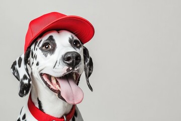 Baseball Dog. Dalmatian Puppy Wearing Red Baseball Cap on White Background