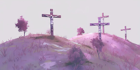 Crosses of Jesus Christ on the hill. Digital watercolor painting