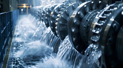 Poster - A detailed close-up of hydraulic turbines in a hydroelectric power plant, with water rushing through the blades, driving the massive machines that convert kinetic energy into electricity