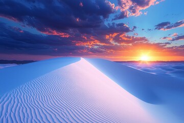 a bright white sand dune contrasted against a deep blue sky at sunset.