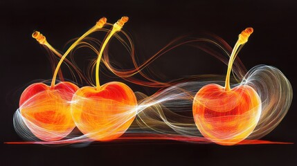 Three red cherries with orange and white streaks of light on black background.