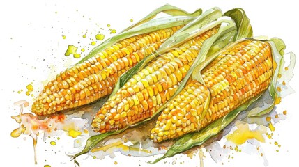 Hand-drawn Watercolor Illustration of Fresh Yellow Corn Cob on White Background