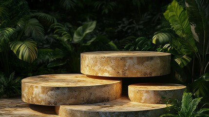 Aufkleber - 3D Rendering of Tiered Stone Platforms with Green Foliage Background