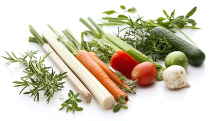 Poster - Fresh Vegetables Arranged on a White Background With Vibrant Colors and Textures