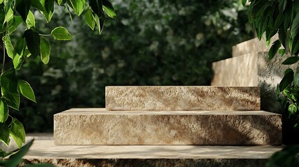 Poster - 3D Rendering of Tiered Stone Platforms with Green Foliage Background