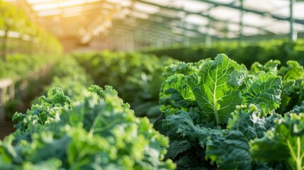 Curl leaf kale with lettuce organic vegetable plantation at greenhouse nursery farm with shading net roof and sunlight background