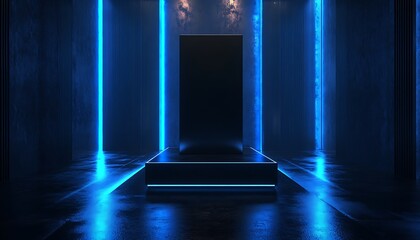 Poster - 3D Illustration of Sleek Black Pedestal with Blue Neon Accents
