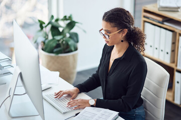 Poster - Computer, financial consultant and woman in office for research, accounting or profit growth. Business, spreadsheet and advisor with document for investment, internet trading or finance advice