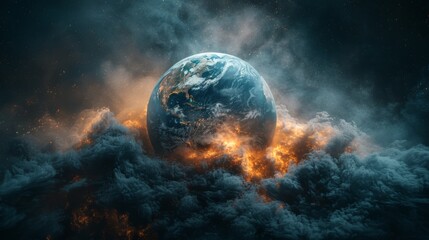 Earth partially shrouded in a thick cloud of pollution, highlighting the harmful effects of human activities on the environment.
