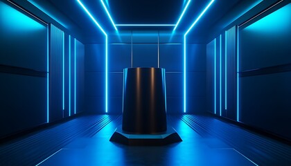 Aufkleber - 3D Illustration of Sleek Black Pedestal with Blue Neon Accents