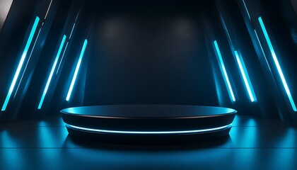 Aufkleber - 3D Illustration of a Sleek Black Pedestal with Blue Neon Accents in a Futuristic Environment