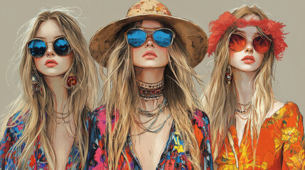 stylish fashion models wearing vibrant clothing, sunglasses, and accessories, embodying a modern, tr