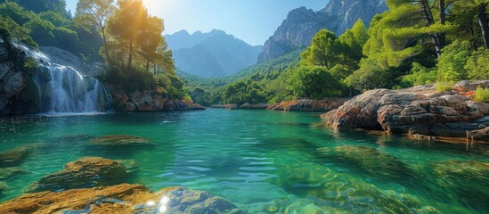 Wall Mural - serene waterfall and emerald lagoon in a mountainous landscape