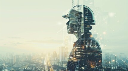 Poster - A man in a hard hat stands in front of a city skyline