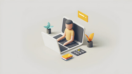 A person making online financial transactions with credit card and laptop, isolated flat design icon for web concept. 3D illustration with white background, space for text or desig