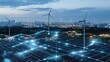 © lililia - A solar panel farm and wind turbines illuminate under a sunset, highlighting technological advancements in green energy amidst a futuristic cityscape