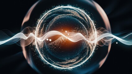 Poster - abstract energy sphere featuring luminous particles and waves against a dark backdrop
