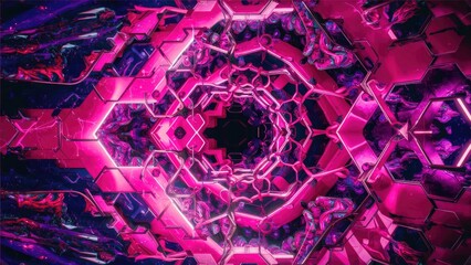 Poster - Abstract digital wallpaper featuring pink and purple hexagonal patterns with psychedelic details