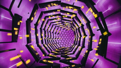 Poster - Abstract hexagonal tunnel with a seamless pattern and yellow light spots on a purple backdrop symbolizing global networking and business technology concepts