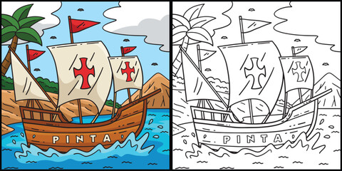 Wall Mural - Columbus Day Pinta Ship Coloring Page Illustration