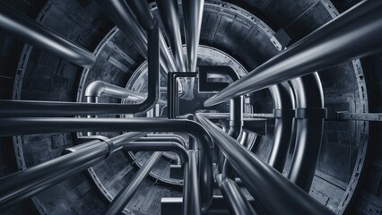 Poster - Abstract monochrome metal pipes extending within a circular tunnel Black and white curved design elements