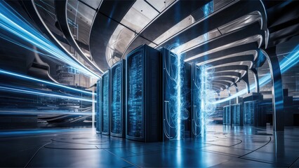 Aufkleber - Abstract representation of a digital environment featuring blue light streaks illustrating a hightech data center setting with depth and motion 3D rendering